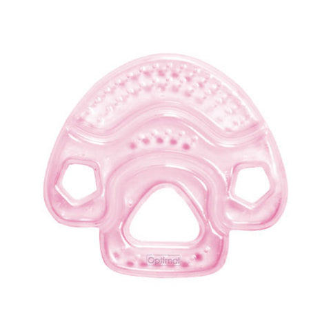 Pink baby teether with a textured surface on a white background
