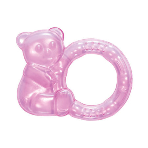 Pink transparent bear-shaped teething ring on a white background