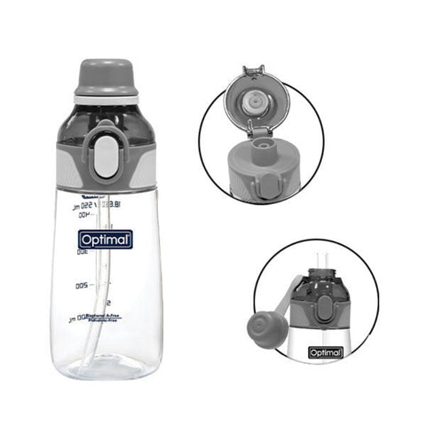 Clear water bottle with gray lid and base, featuring 'Optimal' branding, on a white background.