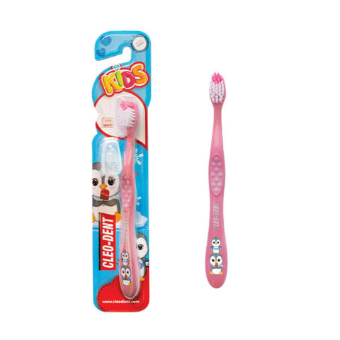 Pink children's toothbrush with Cleo-Dent packaging on a white background