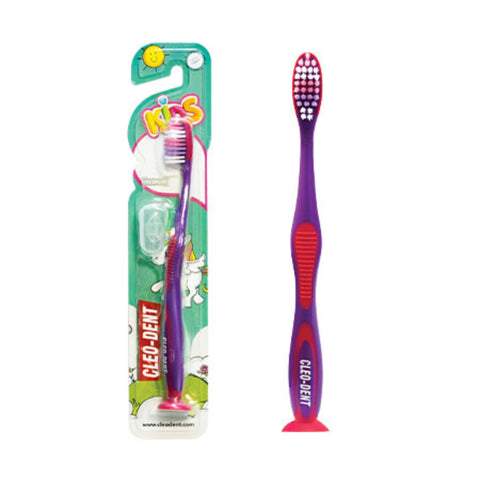Purple children's toothbrush with packaging on a white background