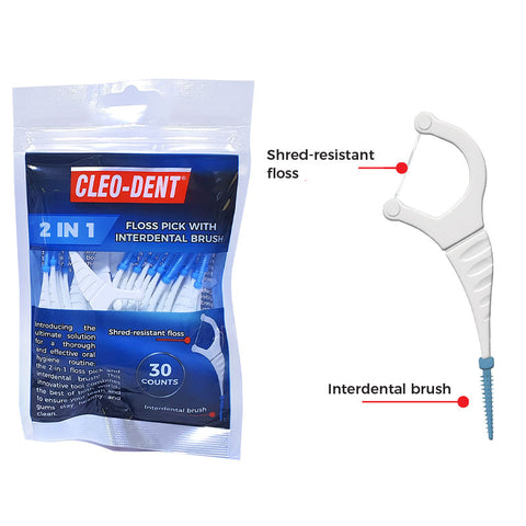 Cleo-Dent 2 In 1 Floss Pick With Interdental Brush 30 Counts opd-2101| Cleo-Dent In Lebanon