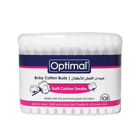 Optimal baby cotton buds packaging on a white background