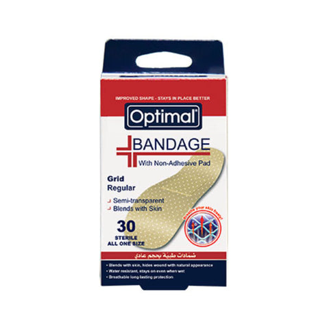 Box of Optimal bandages with a non-adhesive pad on a white background