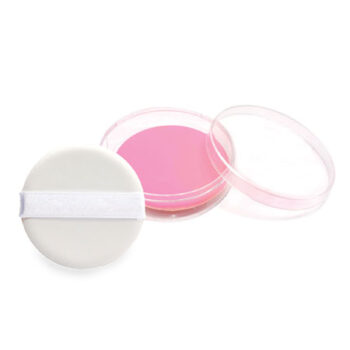 Round white makeup tool with pink compact on a white background