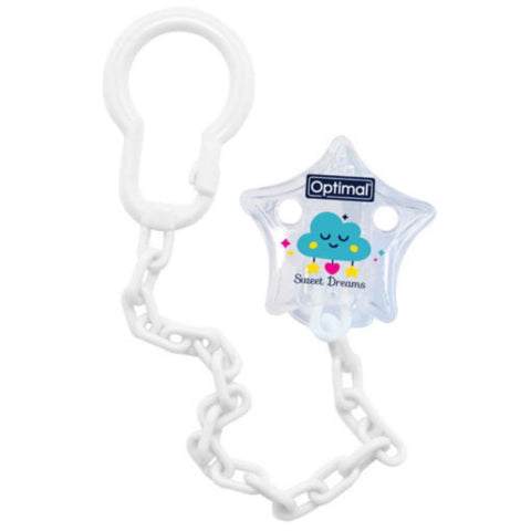 White baby teether with star-shaped holder and 'Optimal' branding on a white background