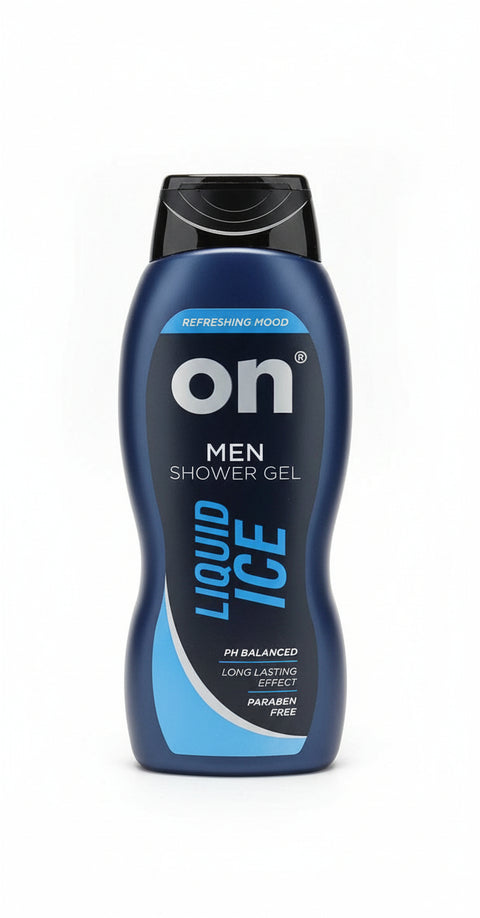 On Men Shower Gel bottle with 'Liquid Ice' flavor on a store shelf.