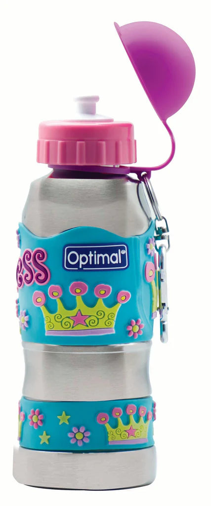 Children's water bottle with princess design and Optimal branding on a white background