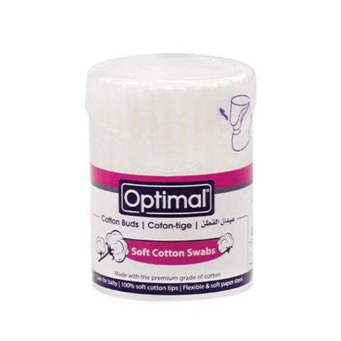 Jar of Optimal soft cotton swabs on a white background