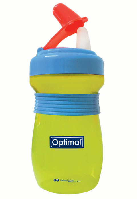 Green sippy cup with blue accents and red spout on a white background