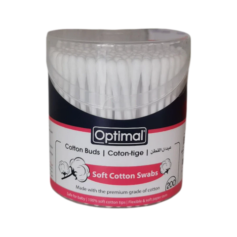 Jar of Optimal cotton buds with a white background
