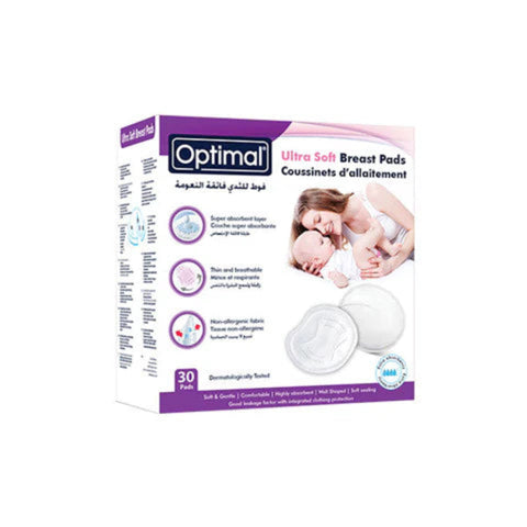 Box of Optimal Ultra Soft Breast Pads with a baby and mother illustration on a white background