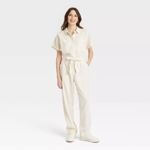 Universal Thread Women's Off White Short Sleeve Button-Front Jumpsuit |Universal Thread In Lebanon