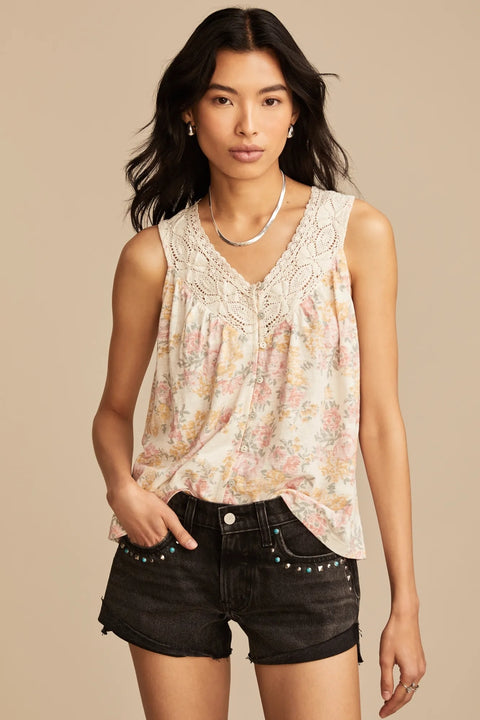 Lucky Brand Women's Off White Floral Print Lace Trim Blouse | Lucky Brand In Lebanon