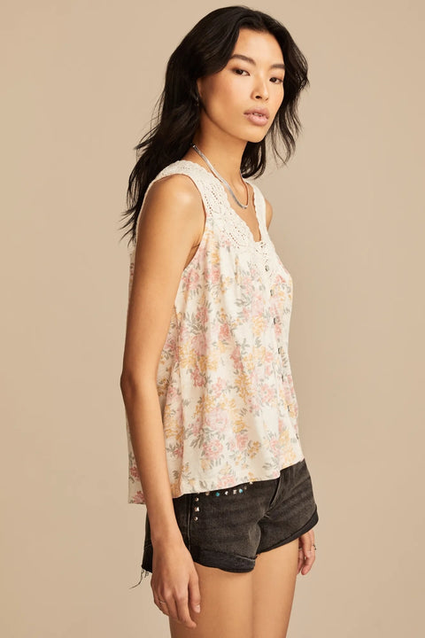 Lucky Brand Women's Off White Floral Print Lace Trim Blouse | Lucky Brand In Lebanon