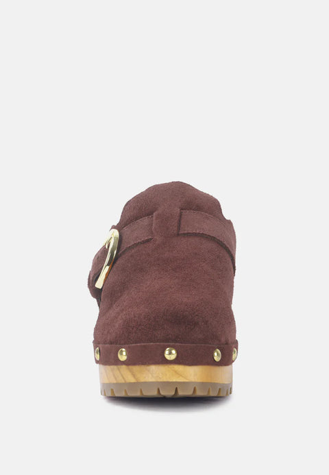 Rag & Co Women's Prunus Brown Buckled Suede Round Toe Mule Clogs | Rag & Co In Lebanon