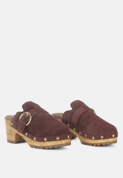 Rag & Co Women's Prunus Brown Buckled Suede Round Toe Mule Clogs | Rag & Co In Lebanon