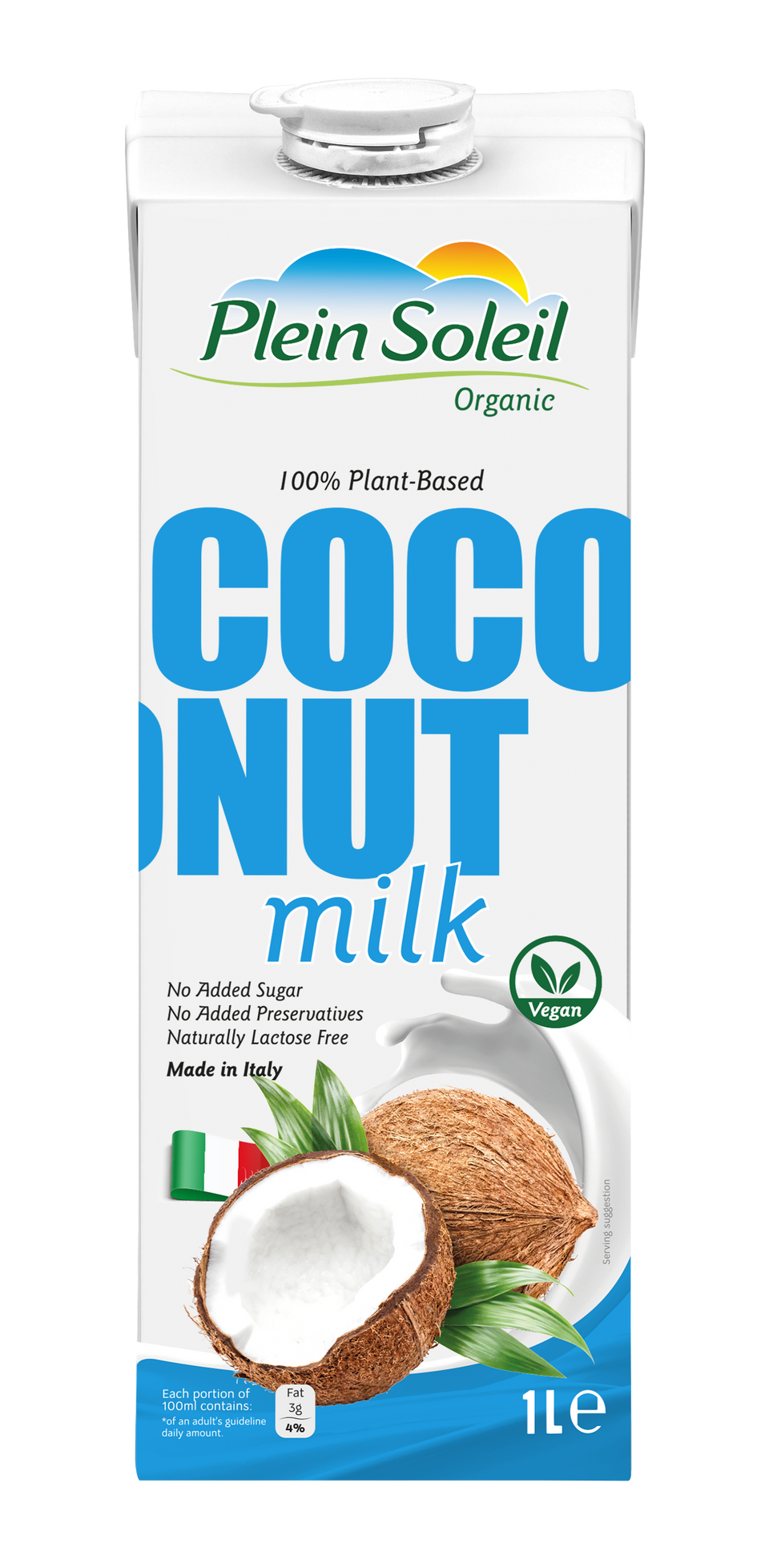 Carton of Plein Soleil coconut milk on a white background