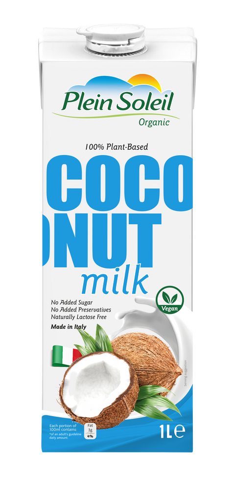 Carton of Plein Soleil coconut milk on a white background