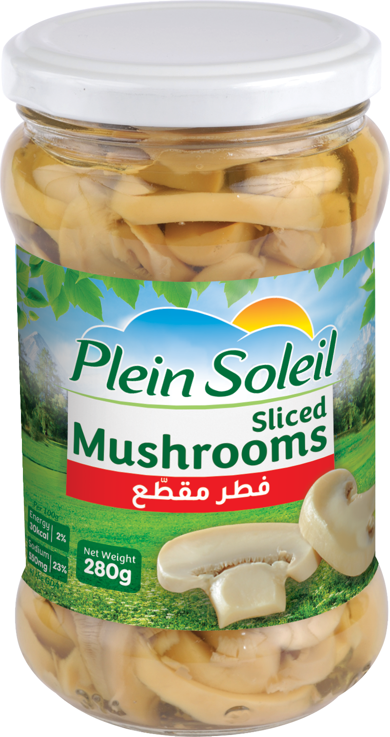 Jar of Plein Soleil sliced mushrooms with a white lid.