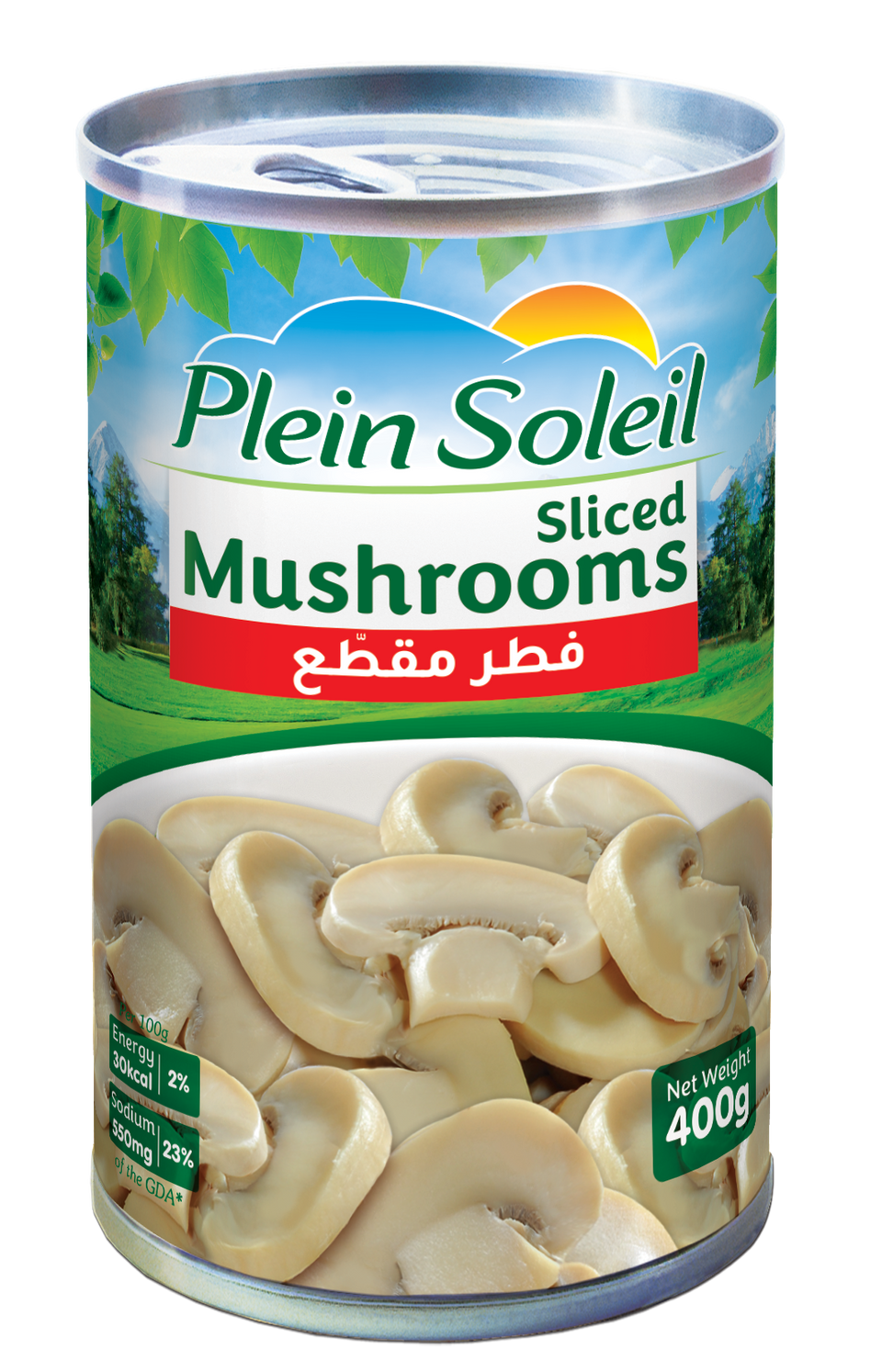 Can of Plein Soleil sliced mushrooms with English and Arabic text on a white background