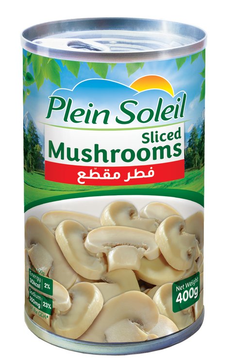 Can of Plein Soleil sliced mushrooms with English and Arabic text on a white background