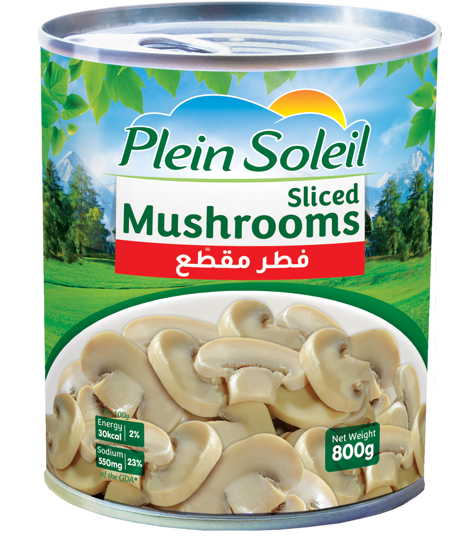 Can of Plein Soleil sliced mushrooms with a scenic label