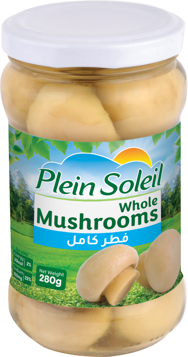 Jar of Plein Soleil whole mushrooms with a white lid on a white background
