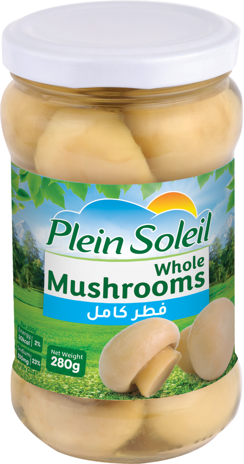 Jar of Plein Soleil whole mushrooms with a white lid on a white background