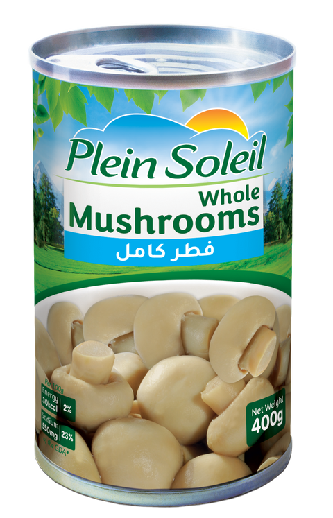 Can of Plein Soleil whole mushrooms on a white background