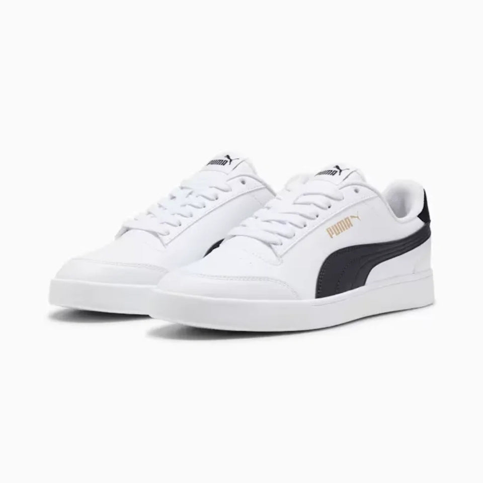 White sneakers with black accents on a white background