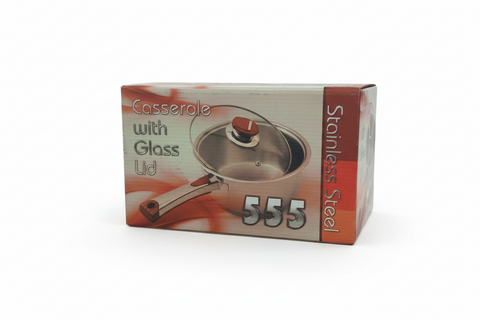 A stainless steel casserole dish with a glass lid labeled '555 STANLEY'S' on a white background.