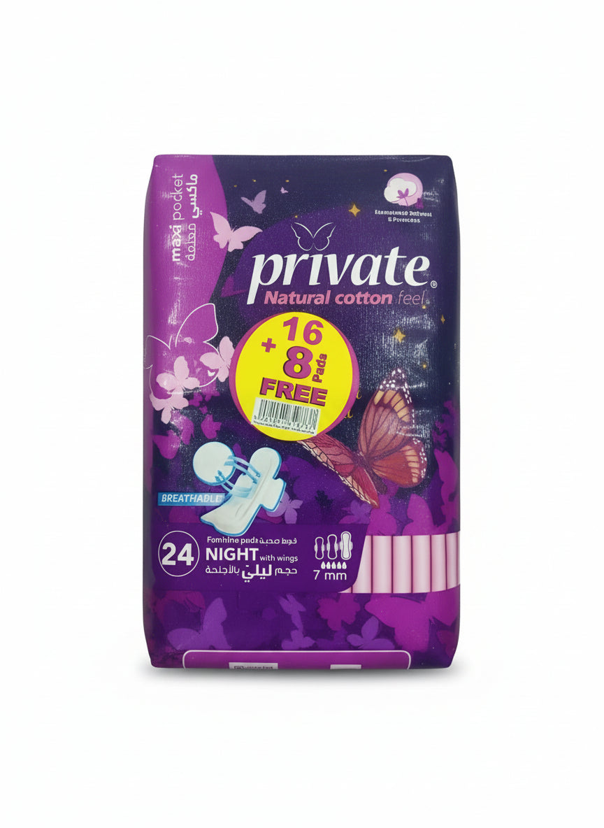 Packaging of Private brand sanitary pads with the text 'Natural Cotton Feel' and '24 Night' indicating the type and quantity. The background is purple with floral patterns and butterflies.