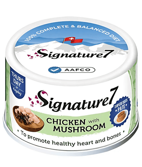 Can of Signature7 chicken with mushroom cat food on a white background