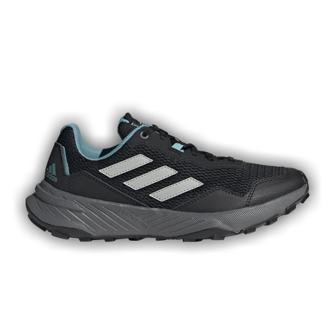 Black Adidas running shoe with white stripes on a white background