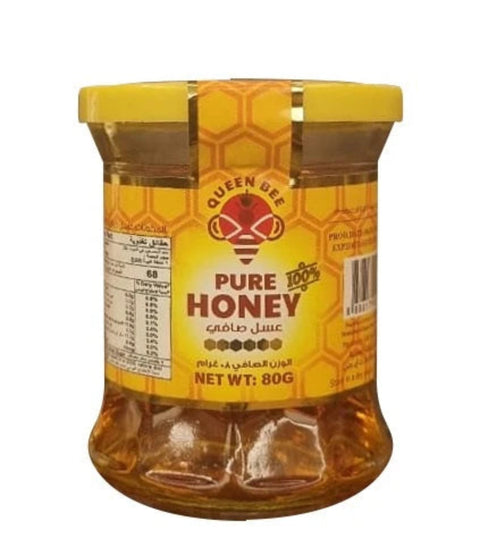 Jar of Queen Bee pure honey on a white background