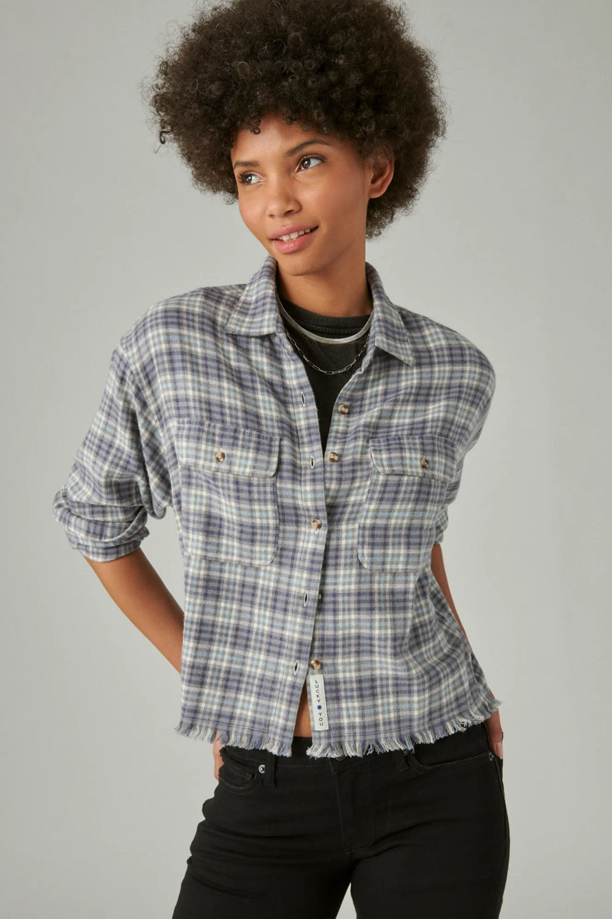 Lucky Brand Women's Light Blue Cotton Raw-Edge Cropped Shirt | Lucky Brand In Lebanon