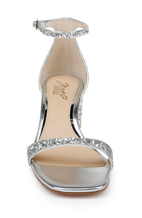 Jewel Badgley Mischka Women's Silver Reese Simple Block Heel Sandal | Jewel Badgley Mischka in Lebanon