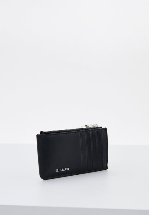 Trussardi Men's Black Leather Argo Zipper Card Holder Wallet |Trussardi In Lebanon