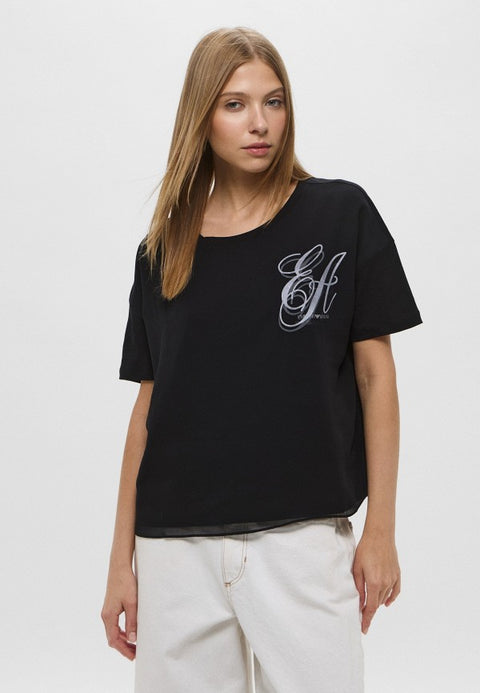 Emporio Armani Women's Black A Distinctive Silver Embroidered Logo T-shirt | Emporio Armani in Lebanon