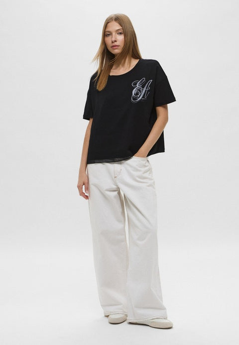 Emporio Armani Women's Black A Distinctive Silver Embroidered Logo T-shirt | Emporio Armani in Lebanon