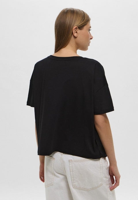 Emporio Armani Women's Black A Distinctive Silver Embroidered Logo T-shirt | Emporio Armani in Lebanon