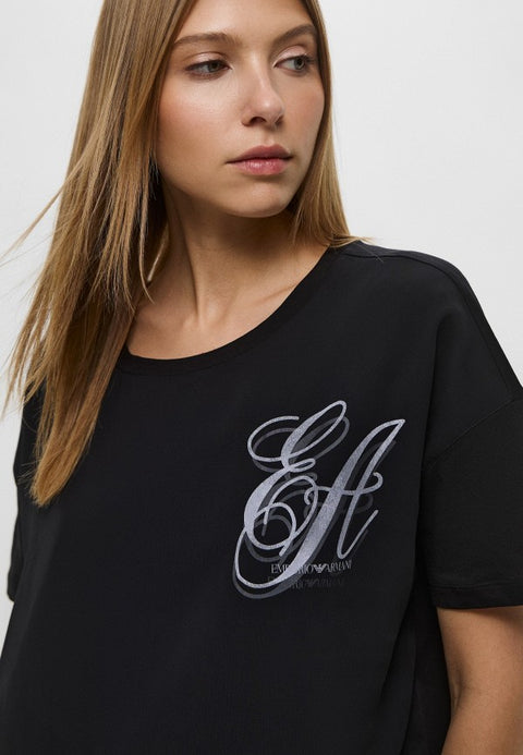 Emporio Armani Women's Black A Distinctive Silver Embroidered Logo T-shirt | Emporio Armani in Lebanon