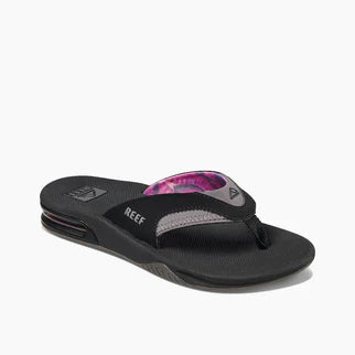 Black sandal with pink interior on a white background