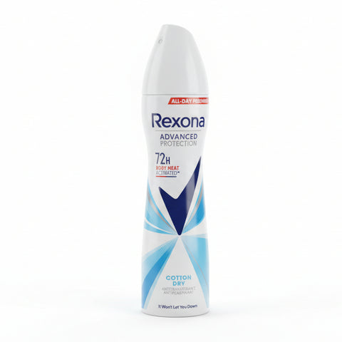 Rexona deodorant spray can on a surface with a blurred background