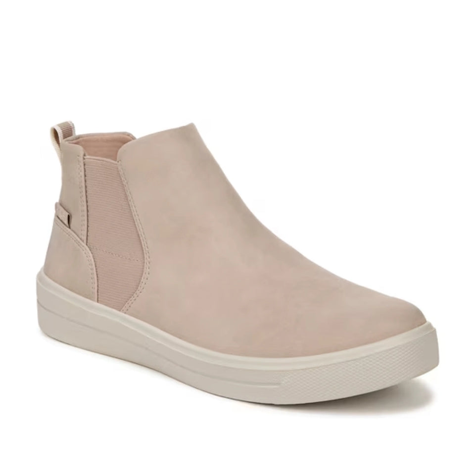 A single light beige suede Chelsea-style ankle boot with elastic side panels and a chunky off-white platform sole, shown on a plain white background.