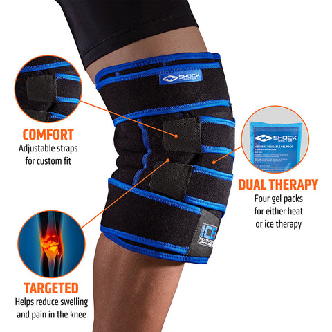 Knee brace with adjustable straps and gel packs for therapy, featuring Shock Doctor branding.