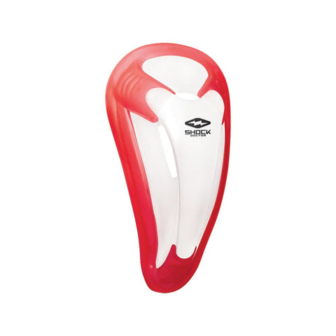Red and white athletic shin guard with 'Shock Doctor' branding on a white background