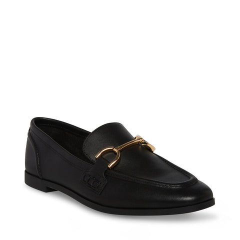 Black loafer with gold buckle on a white background