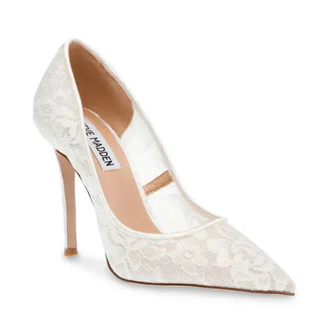 White lace high-heeled shoe with 'Steve Madden' branding on a white background